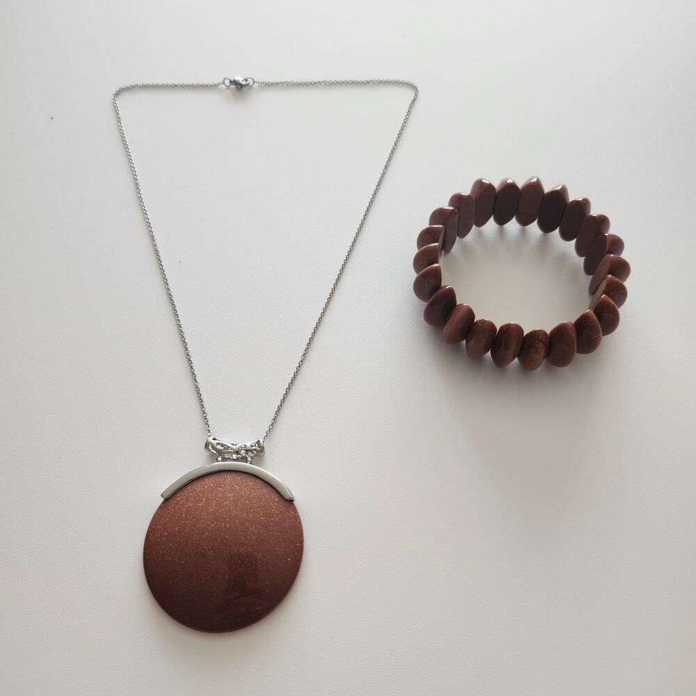 Brown Goldstone Glass Pendant Necklace Chunky Stretch Bracelet Silver Tone Set